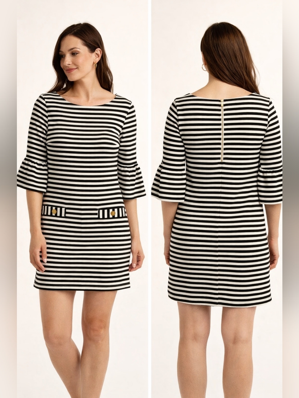 Lilly Pulitzer Black White Striped Dress Bell Sleeve Gold Buttons Lined Size Sm